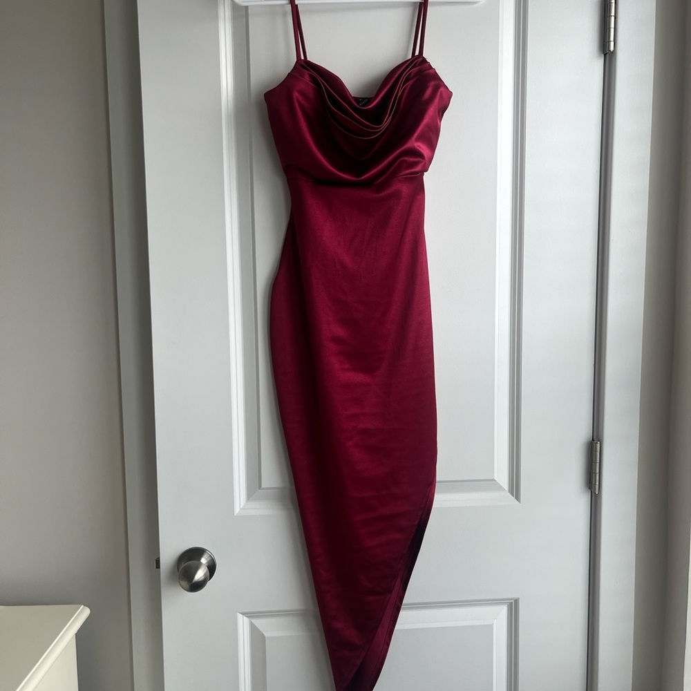 Red Satin Asymmetrical Cowl Neck Dress